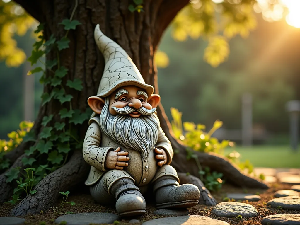 Vintage Garden Gnome at Twilight - A close-up shot of an expertly weathered garden gnome sitting beneath an ancient oak tree at twilight. The gnome features a masterfully distressed finish with cream-colored base tones transitioning into weathered greys and earthy browns. Fine crackling patterns dance across its surface, while patches of realistic moss effects add character to its hat and boots. Soft golden hour lighting catches the intricate aging details, casting subtle shadows that emphasize the authentic vintage appearance. The gnome is surrounded by a bed of aged cobblestones and climbing ivy, creating a magical garden vignette. Shot with a 16-35mm lens at f/2.8, ISO 400, capturing the ethereal garden atmosphere with dreamy bokeh in the background.