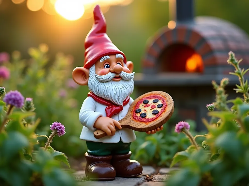 Whimsical Pizza Chef Garden Gnome - Close-up photograph of a hand-painted garden gnome as an Italian pizza chef, wearing a pristine white coat and vibrant red neckerchief, standing proudly in a lush herb garden at golden hour. The gnome holds a miniature wooden pizza paddle with intricate details, surrounded by flowering basil, oregano, and thyme plants. A rustic outdoor pizza oven serves as a blurred backdrop, with soft evening sunlight filtering through, creating a magical atmosphere. Shot with shallow depth of field highlighting the gnome's cheerful expression and detailed paintwork, while garden fairy lights twinkle in the bokeh. Digital camera with 16-35mm lens, f/2.8, ISO 400.