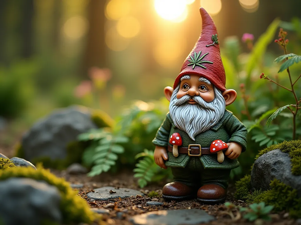 Woodland Camouflage Garden Gnome - A beautifully detailed close-up DSLR photo of a hand-painted garden gnome at golden hour, masterfully camouflaged in earth tones and forest greens. The gnome's clothing features intricate painted mushrooms, oak leaves, and pine needles that blend seamlessly with the surrounding garden. Positioned naturally among ferns and moss-covered rocks in a shaded garden corner, with dappled sunlight filtering through overhead trees. The gnome appears to emerge organically from the landscape, with subtle highlights catching the evening light on its textured surface. Shot with shallow depth of field highlighting the detailed paintwork while softly blurring the lush garden background. Hyperrealistic 8K quality, natural lighting, advanced photorealism.