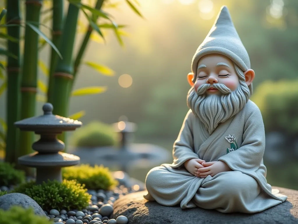 Serene Zen Garden Gnome at Dawn - A close-up shot of a hand-painted garden gnome in meditation pose, wearing flowing robes painted in soft pearl grey and white. The gnome's peaceful face shows a gentle smile and closed eyes, while delicate silver lotus flowers and pale green bamboo patterns adorn its robes. The gnome sits on a smooth river rock amid a misty Japanese-inspired garden corner at dawn, with soft morning light filtering through real bamboo stems in the background. A small stone lantern and carefully raked gravel create peaceful lines around the gnome, while dewdrops glisten on nearby moss, creating a tranquil atmosphere. Photorealistic, high detail, soft natural lighting, bokeh effect.