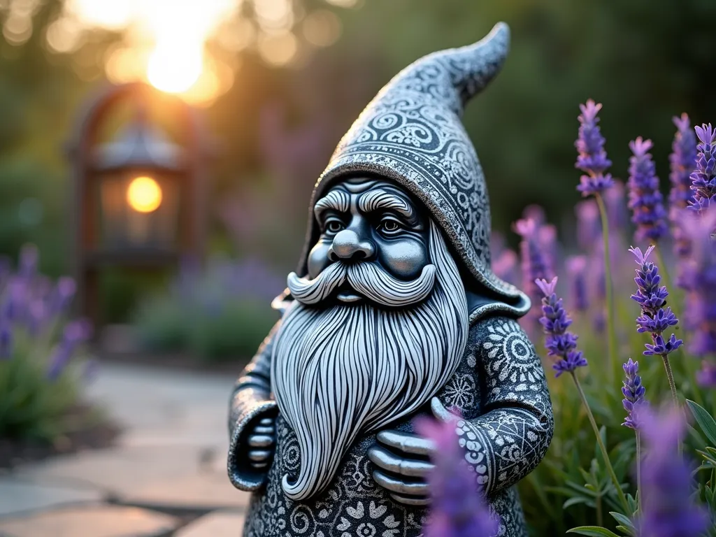 Zentangle Garden Gnome at Dawn - A close-up shot of an elegant garden gnome statue painted in intricate black and white Zentangle patterns, positioned among blooming lavender plants at dawn. The gnome's surface features mesmerizing geometric patterns, swirls, and mandala-like designs executed in stark black and white. Morning dew drops glisten on the surrounding lavender flowers, creating a magical atmosphere. The gnome's hat and beard are particularly detailed with hypnotic zentangle illustrations, while soft morning light casts subtle shadows that enhance the pattern's depth. A weathered stone pathway and vintage garden lantern are visible in the blurred background, adding context to the whimsical garden setting.