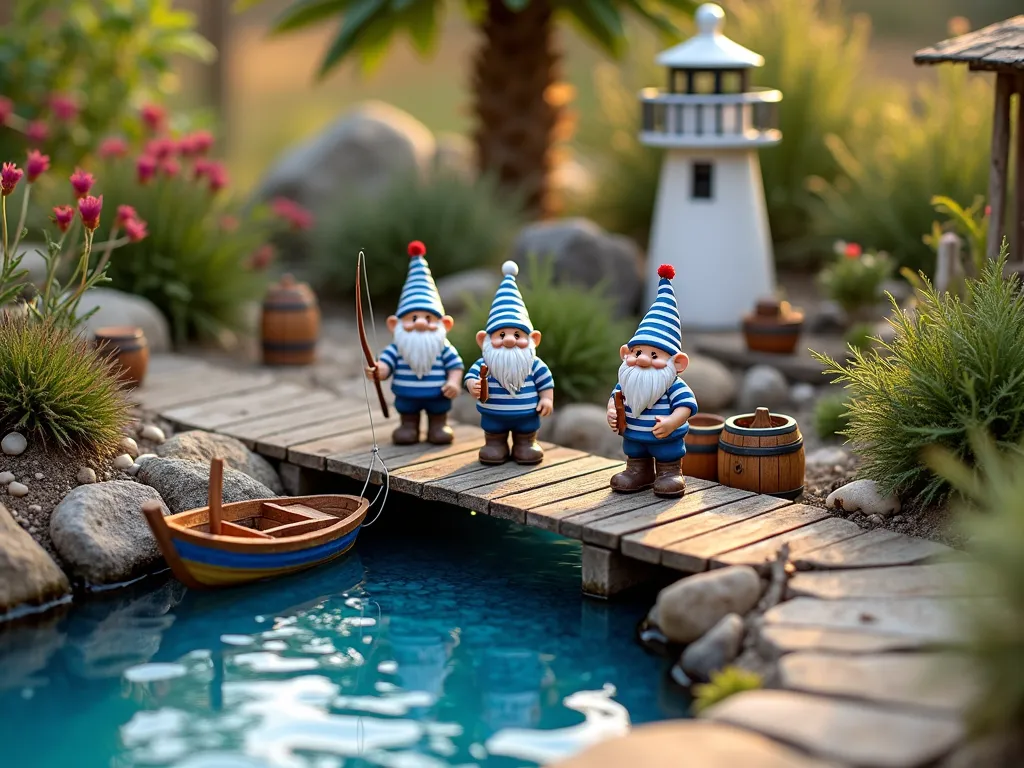 Whimsical Gnome Harbor at Dawn - Professional DSLR wide-angle photograph of a charming miniature coastal gnome village nestled in a garden corner, captured during golden dawn light. A handcrafted wooden dock extends over a glistening 'water' feature created with cobalt blue glass mosaic tiles and small mirrors. Three cheerful sailor gnomes in striped shirts and captain's hats stand on the weathered dock, surrounded by tiny wooden barrels and coiled rope. Two fishing gnomes sit at the edge with miniature fishing poles extended over the water. Miniature whitewashed lighthouse stands guard over three small wooden boats moored at the dock. Scene decorated with dwarf ornamental grasses and small coastal succulents for scale. Natural stone pathways wind through the village, dotted with tiny seashells and driftwood. Soft bokeh effect in background showing garden flowers. F/8 aperture captures sharp details of the intricate harbor scene while maintaining natural depth of field.