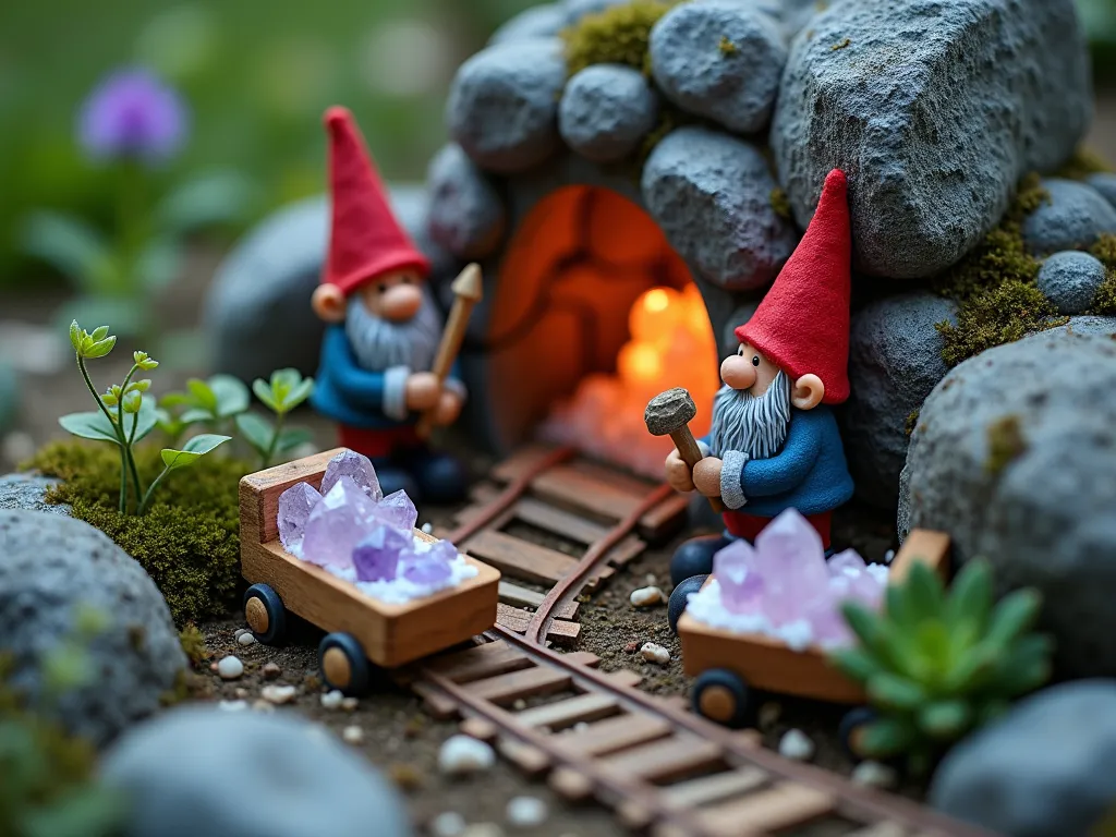 Enchanted Crystal Cave Gnome Dwelling - A close-up magical garden scene at twilight featuring a miniature crystal cave dwelling nestled between large weathered rocks in a garden corner. Handcrafted gnome miners with red caps and gray beards work with tiny pickaxes near the cave entrance, which is adorned with natural amethyst clusters and quartz crystals. Small battery-operated LED lights illuminate the cave from within, creating a mystical glow that reflects off the crystals. Tiny wooden mining carts filled with sparkling geodes rest on rustic tracks leading into the cave. Moss and small succulents grow between the rocks, adding natural texture. The scene is photographed with soft focus and shallow depth of field, captured with a 35mm lens at f/2.8, creating a dreamy bokeh effect with the garden background.