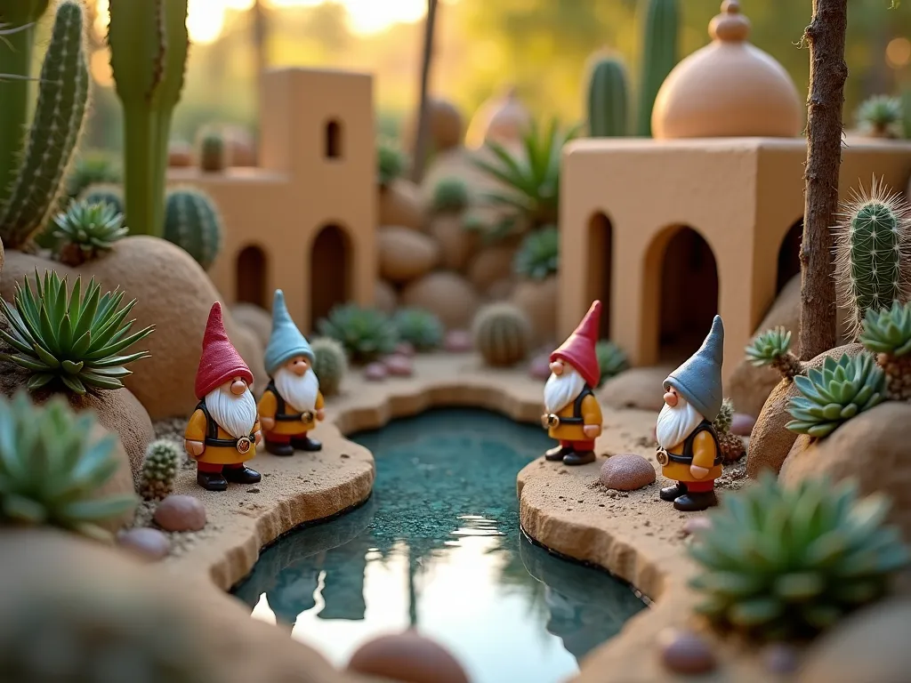 Desert Gnome Oasis at Sunset - A magical miniature desert oasis garden scene at golden hour, shot with a 16-35mm lens at f/2.8, ISO 400. In the foreground, whimsical garden gnomes wearing tiny turbans and desert robes gather around a small reflective pool surrounded by smooth river rocks. The oasis features miniature Middle Eastern-inspired buildings with tiny domed roofs and archways, crafted in sandy colors. Surrounding the scene, an artistic arrangement of diverse succulents and cacti creates natural desert walls, including barrel cacti, echeveria, and jade plants. Miniature date palm trees cast long shadows in the warm sunset light. Small mosaic tiles and colorful lanterns adorn the pathways between the buildings. The scene is photographed from a low angle, creating a magical sense of scale, with selective focus highlighting the intricate details of the gnome village while maintaining the natural garden backdrop slightly softened.