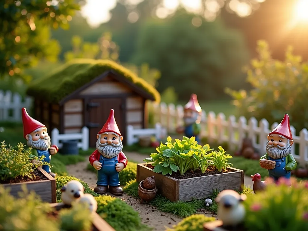 Enchanted Gnome Farm Garden - A charming miniature garden scene at golden hour, photographed with a wide-angle lens capturing a detailed gnome farming village. Weathered wooden raised beds filled with tiny living herbs and miniature vegetables create an intimate agricultural setting. Three hand-painted ceramic farmer gnomes, wearing traditional red caps and blue overalls, tend to the crops with tiny metal wheelbarrows and gardening tools. A rustic wooden barn with a moss-covered roof sits in the background, surrounded by white picket fencing. Miniature farm animals including chickens and sheep graze nearby. The scene is adorned with small-scale farming accessories like hay bales, water buckets, and produce baskets. Natural moss pathways wind between the garden beds, while dwarf thyme and baby's tears create living ground cover. Soft evening sunlight filters through nearby trees, casting warm shadows across the whimsical farming community, highlighting the intricate details of this magical garden vignette.