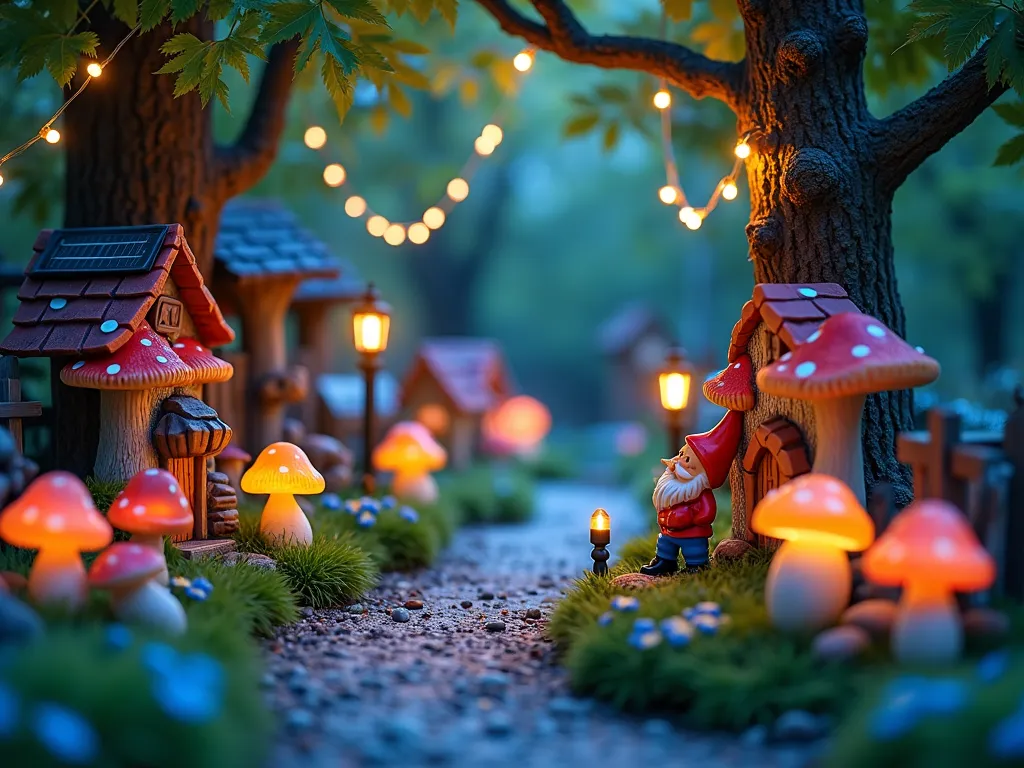 Enchanted Gnome Forest at Twilight - A magical twilight garden scene featuring a charming gnome village nestled beneath towering maple trees. Delicate strands of warm solar-powered fairy lights weave through branches and illuminate handcrafted mushroom houses. Ceramic gnomes in vibrant colors are positioned around glowing resin mushrooms in various sizes, casting ethereal shadows. The pathway is lined with luminescent pebbles and miniature lampposts. Soft blue-tinted lighting creates depth while small garden flowers like forget-me-nots add natural elements. Shot from a low angle to emphasize the magical atmosphere, with a dreamy bokeh effect in the background.