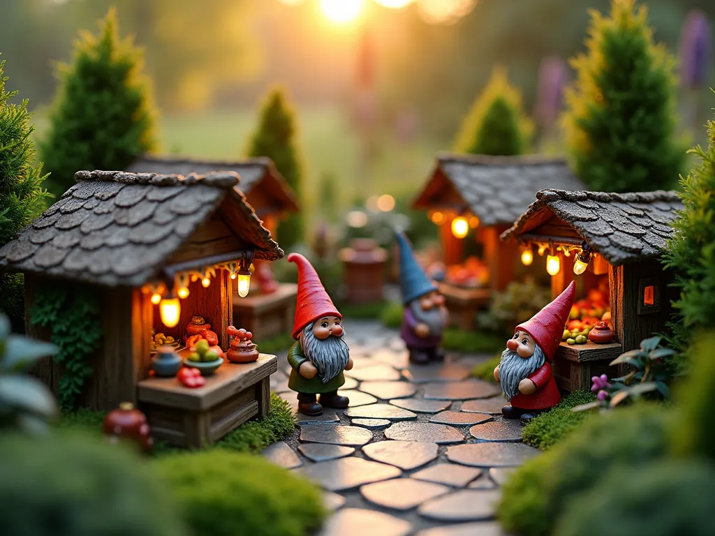 Enchanted Gnome Market Square at Dawn - Magical garden vignette featuring a charming gnome marketplace at dawn, with golden sunlight filtering through miniature fairy lights. A collection of tiny wooden market stalls with thatched roofs arranged in a circular pattern around a small cobblestone plaza. Detailed merchant gnomes with colorful pointed hats selling miniature vegetables, tiny pottery, and magical trinkets. Moss-covered tables with tiny chairs where gnome customers gather. Decorated with miniature lanterns, tiny bunting flags, and climbing ivy. Set against a backdrop of dwarf conifers and creeping thyme, with morning dew glistening on surrounding plants. Realistic garden setting with natural textures and materials. Photographed from a low angle perspective to emphasize the magical scale, with soft bokeh effect in background.