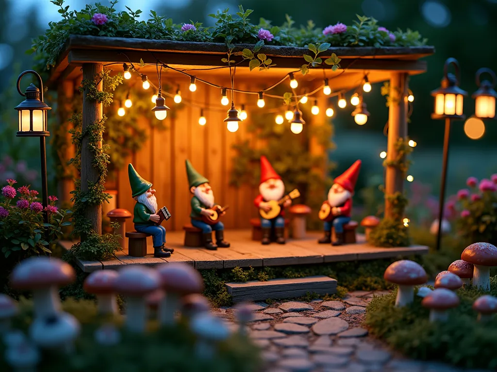 Enchanted Gnome Musical Garden at Twilight - A magical garden scene at twilight featuring a handcrafted miniature wooden stage nestled between flowering bushes, where gnome musicians perform with tiny instruments. The stage is illuminated by warm-glowing vintage-style string lights and antique brass lanterns hanging from shepherd's hooks. In the foreground, rows of mushroom seats host an attentive audience of garden gnomes, some holding tiny glowing lanterns. The stage backdrop features a natural wall of climbing roses and ivy, with twinkling fairy lights woven throughout. Shot with a medium-wide angle to capture both the intimate performance and the magical atmosphere, with a shallow depth of field highlighting the main stage while creating a dreamy bokeh effect with the background lights. The scene is photographed during the blue hour, when the artificial lighting creates a warm contrast against the deep blue twilight sky.