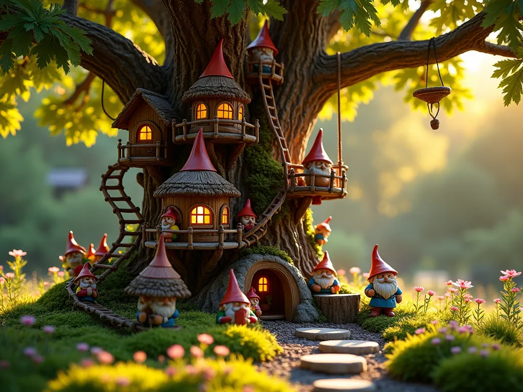 Enchanted Gnome Treehouse Village at Dusk - A magical DSLR photograph of an intricate gnome treehouse village at the base of a mature maple tree in a whimsical garden setting, captured during golden hour. Multiple handcrafted wooden treehouses with tiny thatched roofs and glowing windows are connected by delicate rope bridges and wooden ladders spiraling around the tree trunk. Colorful ceramic gnomes in adventuring outfits are positioned climbing ladders, crossing bridges, and peering from tiny balconies. The scene is adorned with miniature lanterns casting a warm glow, while delicate fairy lights weave through the branches. The foreground features a carpet of moss and tiny wildflowers, with carefully placed stepping stones leading to the tree. Shot with a wide-angle lens at f/8, capturing both the intricate details of the village and the magical atmosphere of the surrounding garden space. The natural golden light filters through the tree canopy, creating enchanting shadows and highlights across the scene.