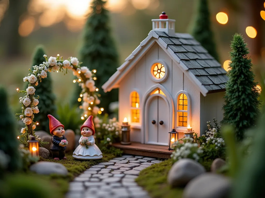 Enchanted Garden Gnome Wedding Chapel at Twilight - A magical miniature garden scene at twilight featuring a charming white wooden chapel with delicate fairy lights and tiny stained glass windows. In the foreground, bride and groom gnomes in traditional wedding attire stand beneath an ornate floral arch covered in miniature white roses and baby's breath. The chapel is surrounded by a cobblestone pathway lined with tiny lanterns and moss-covered stones. Wedding guest gnomes are seated in small wooden chairs decorated with white ribbons. The scene is set within a lush garden backdrop with dwarf conifers and miniature flowering plants. Delicate strings of warm lights illuminate the entire setting, creating a romantic, ethereal atmosphere. Captured with a low angle close-up perspective to emphasize the magical scale, with subtle bokeh effects in the background. Shot with a 16-35mm lens at f/2.8, ISO 400, during the golden hour.