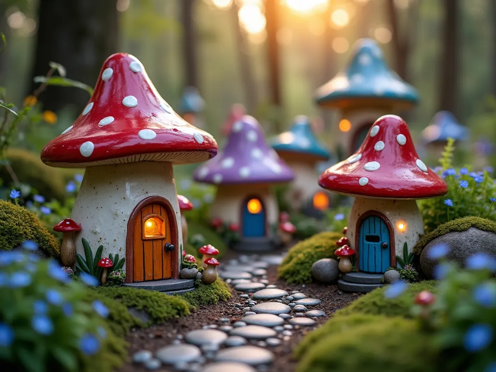 Enchanted Mushroom Kingdom Garden Village - A whimsical garden scene at twilight featuring ceramic mushroom houses in vibrant reds, purples, and blues with glowing windows, arranged in a natural clearing. Handcrafted miniature doors and windows adorn each mushroom dwelling, while happy garden gnomes gather beneath the towering structures. A winding pebble pathway, lined with genuine wild mushrooms and native woodland flowers like violets and forget-me-nots, connects the magical homes. Soft fairy lights illuminate the scene, creating a magical atmosphere as moss and ferns carpet the ground. Shot from a low angle to emphasize the fantastical scale, with a soft depth of field and golden hour lighting filtering through nearby trees, photorealistic style.