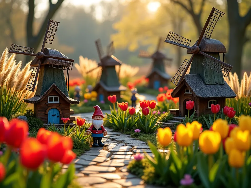 Enchanted Windmill Valley at Dawn - A magical garden scene at dawn, photographed with a wide-angle lens capturing a charming miniature Dutch village. Several small working wooden windmills, 12 inches tall, spin gently among beds of vibrant red and yellow tulips. Whimsical gnome figures dressed as Dutch millers tend to swaying ornamental wheat grass that catches the golden morning light. The scene is set in a terraced garden bed with weathered cobblestone paths winding between the windmills. Delicate morning mist hovers near the ground, while dew drops sparkle on the tulip petals. Small thatched-roof cottages with blue and white trim complement the windmills, creating an authentic Dutch village atmosphere. Shot with soft natural lighting, highlighting the enchanting details and creating a dreamy, storybook quality.