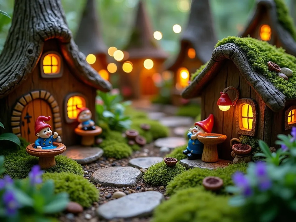 Enchanted Woodland Gnome Village at Twilight - A magical close-up shot of a whimsical woodland gnome village at twilight, captured with a 16-35mm lens at f/2.8. Tiny thatched-roof cottages crafted from natural bark and twigs nestle among lush green moss and miniature ferns. Warm golden LED lights glow from cottage windows, casting ethereal shadows across stone pathways. Cheerful ceramic gnomes engage in various activities: tending tiny gardens, sitting on mushroom chairs, and gathering around a miniature well. The scene is set in a sheltered garden corner, with delicate fairy lights strung between the cottages creating a magical bokeh effect. Small flowering plants like miniature violets and tiny creeping thyme add splashes of color, while bits of natural lichen and small pinecones complete the woodland atmosphere. The perspective captures multiple cottages in frame, showing the community layout while maintaining intimate detail.