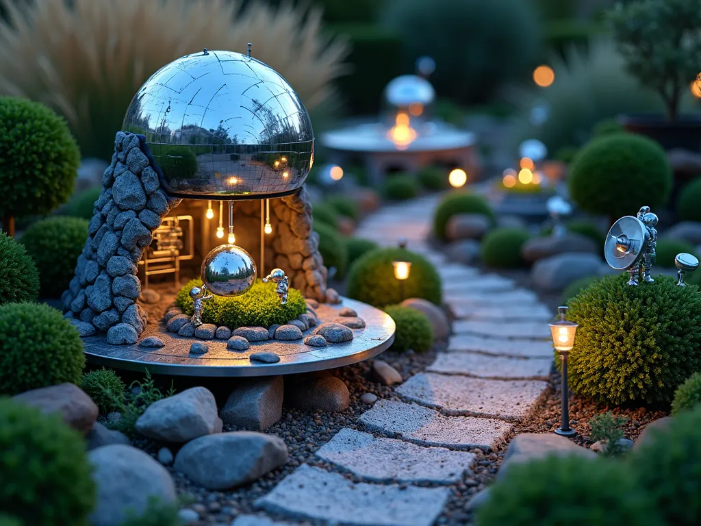 Futuristic Garden Gnome Space Station - A magical twilight garden scene featuring a meticulously crafted miniature space station village for garden gnomes, photographed in medium-wide angle. Chrome and silver metallic domes and structures with soft blue LED lighting create a ethereal glow among carefully manicured dwarf boxwood plants. Whimsical astronaut gnomes in silver spacesuits tend to tiny hydroponics gardens while others pilot small chrome flying saucers suspended on thin wires. A central control tower made from recycled metal and mirror fragments sparkles in the dusk light, surrounded by miniature launch pads with toy-sized rockets. Solar-powered pathway lights illuminate the scene like landing strips, while small satellite dishes and telescopes dot the landscape. The backdrop shows a well-maintained garden with ornamental grasses creating a otherworldly atmosphere. Crystal quartz gravel paths wind between the futuristic structures, creating the illusion of lunar surface.