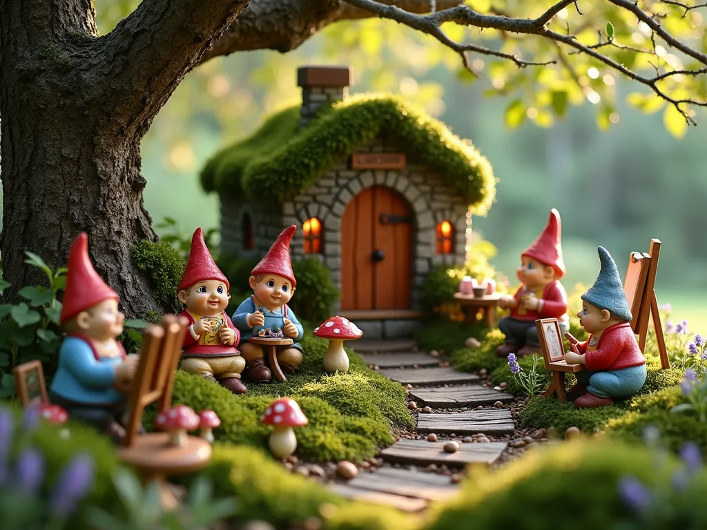 Enchanted Garden Gnome Art Colony at Dawn - A whimsical miniature garden art colony nestled under a mature maple tree, photographed at dawn with gentle morning light filtering through. A collection of handcrafted ceramic gnomes in colorful artist smocks work at tiny wooden easels, painting miniature canvases. The central feature is a moss-covered stone cottage converted into an art gallery, with tiny paintings displayed in window frames. Surrounding the scene are miniature sculpture gardens with hand-painted mushrooms, small water features, and delicate fairy lights strung between branches. The artistic workspace includes diminutive pottery wheels, paint palettes, and craftsman tables arranged on a bed of Irish moss. Weathered wooden steps made from twigs lead between different levels of the art colony, with small lanterns illuminating the pathways. Delicate morning dew drops glisten on surrounding lavender and thyme plants, creating a magical atmosphere.