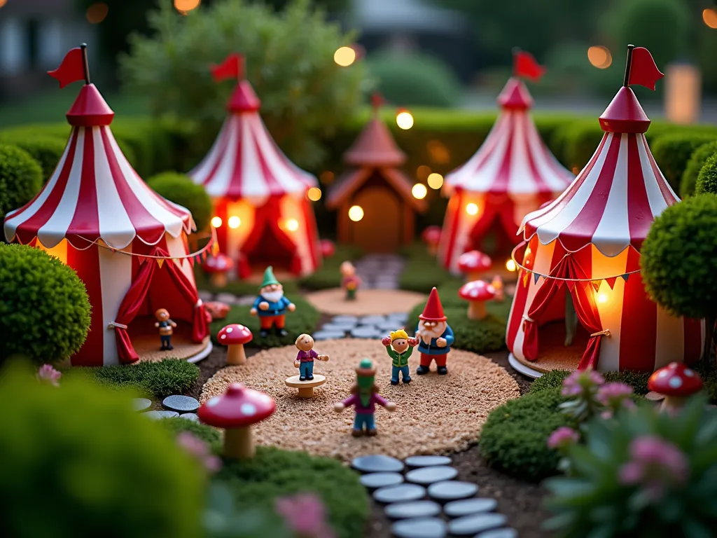 Whimsical Garden Gnome Circus Village at Twilight - A magical garden gnome circus village nestled in a backyard garden corner at twilight. Wide-angle shot capturing miniature red and white striped circus tents with twinkling fairy lights, surrounded by dwarf boxwood hedges. Colorful performer gnomes juggle tiny glowing balls, walk on miniature tightropes strung between mushrooms, and balance on tiny seesaws. A central sawdust performance ring bordered by pebble seating features a ringmaster gnome in a tiny top hat. Moss-covered pathways wind between the tents, decorated with minute circus flags and bunting. Soft garden lighting illuminates the scene, creating enchanting shadows. Small flowering plants and ground cover add natural texture. Photographed with shallow depth of field, emphasizing the magical atmosphere, 16-35mm lens, f/2.8, ISO 400.