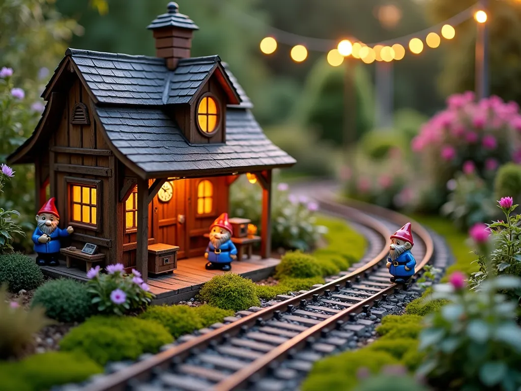 Enchanting Garden Gnome Train Station at Dusk - A whimsical miniature train station nestled in a garden setting, photographed at dusk with warm, golden lighting. The handcrafted wooden station platform, weathered to perfection, features intricate Victorian-style details and tiny copper lanterns casting a warm glow. Moss-covered miniature railway tracks wind through beds of tiny creeping thyme and baby's tears. Colorful ceramic gnomes in conductor uniforms and period clothing populate the scene, some sitting on tiny wooden benches, others handling miniature vintage luggage. A detailed station clock, miniature railway signs, and a tiny ticket booth add authenticity. The scene is framed by dwarf mondo grass and miniature fairy roses, with soft twinkle lights strung overhead creating a magical atmosphere. Shot from a low angle to emphasize the gnomes' perspective, with the background softly blurred showing a larger garden landscape. DSLR, f/8, ISO 100, 1/125, natural evening lighting enhanced by ambient garden lights.