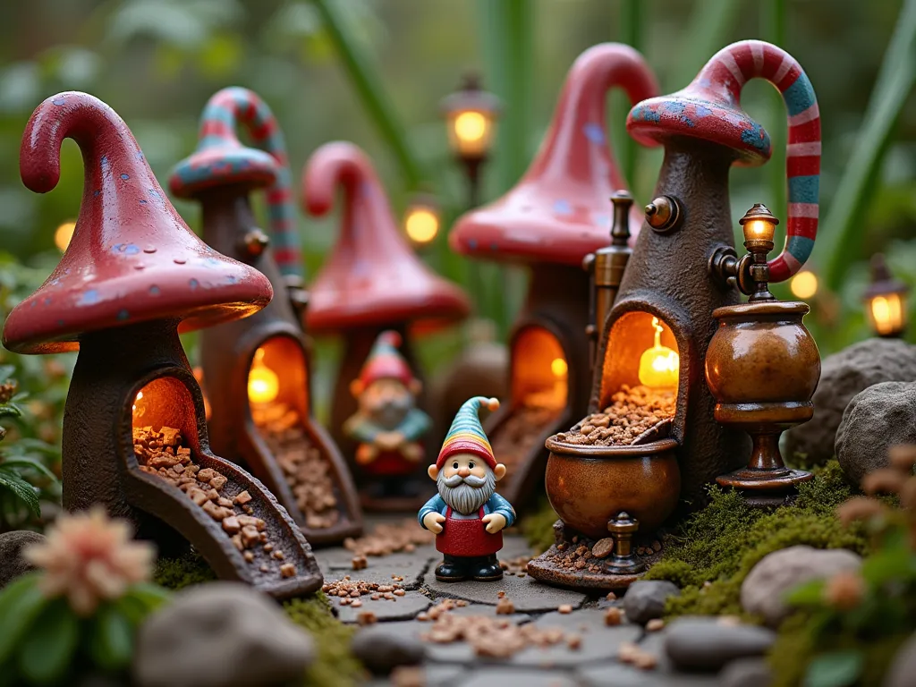 Gnome Chocolate Factory Garden Display - A magical miniature chocolate factory scene in a garden setting at twilight, featuring ceramic gnomes in baker's hats working with whimsical copper and brass machinery. Colorful candy-striped pipes wind through tiny mushroom buildings, with streams of chocolate flowing into miniature copper kettles. Garden gnomes in aprons tend to spinning candy machines while others package sweets on tiny conveyor belts. Illuminated by warm fairy lights and lanterns, surrounded by dwarf flowering plants and moss. The factory buildings are crafted from weathered copper and painted ceramics with candy-cane striped chimneys emitting rainbow smoke. Close-up perspective highlighting intricate details of the machinery and working gnomes, with a soft bokeh effect in the background showing the larger garden setting.