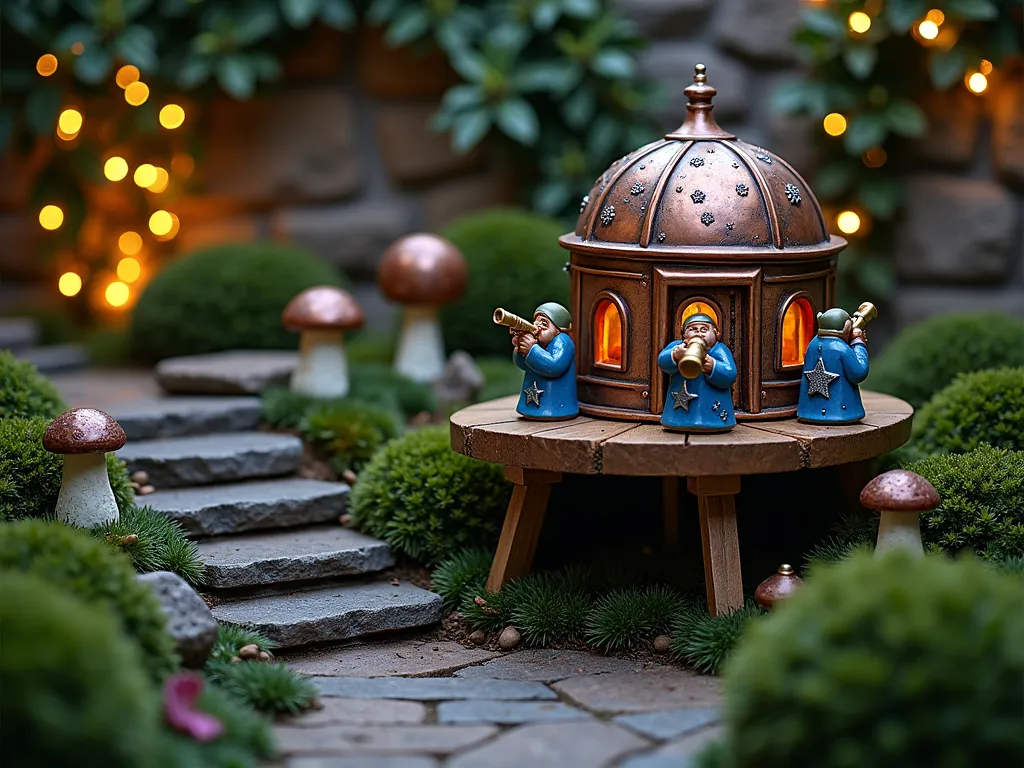 Gnome Stargazing Observatory Garden - A whimsical nighttime garden scene featuring a handcrafted miniature observatory on a raised wooden platform, surrounded by twinkling fairy lights. In the foreground, detailed ceramic gnome astronomers in blue robes with silver stars peer through tiny brass telescopes. The observatory, made from weathered copper and wood, features a rotating dome and intricate celestial patterns. Stone steps wind up to the platform, bordered by dwarf evergreen shrubs and luminescent mushrooms. Low voltage landscape lighting creates a magical atmosphere, while the background shows a natural stone wall covered in climbing moonflowers that glow in the moonlight. Captured with a DSLR camera at f/8, ISO 100, showcasing the depth and detail of this enchanted garden feature.