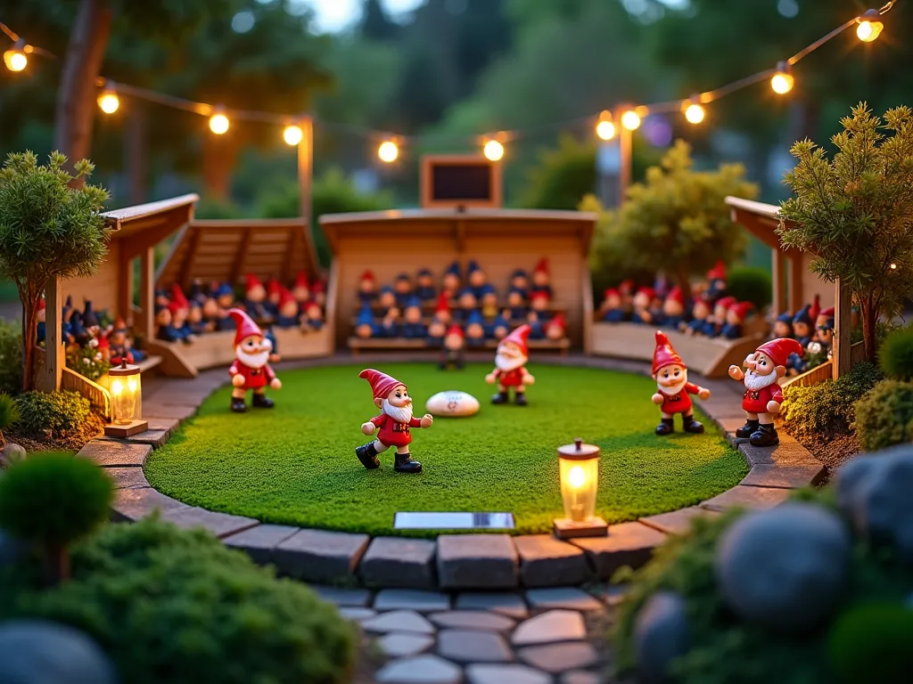 Garden Gnome Sports Complex at Twilight - A charming miniature sports complex in a garden corner at twilight, photographed with a wide-angle lens. Meticulously crafted with tiny artificial turf fields surrounded by moss and small flowering plants. Cheerful garden gnomes in sports uniforms playing soccer, baseball, and basketball on separate mini-fields. Detailed wooden bleachers decorated with tiny flowering vines, filled with spectator gnomes. Small solar-powered lanterns illuminate the complex, creating a magical atmosphere. Miniature scoreboards and equipment scattered around. Natural stone pathways connect the fields, with dwarf mondo grass bordering the paths. A backdrop of fairy lights strung between small trellises adds enchanting ambient lighting. Photographed at f/2.8 with subtle depth of field, capturing the intricate details and warm evening atmosphere.