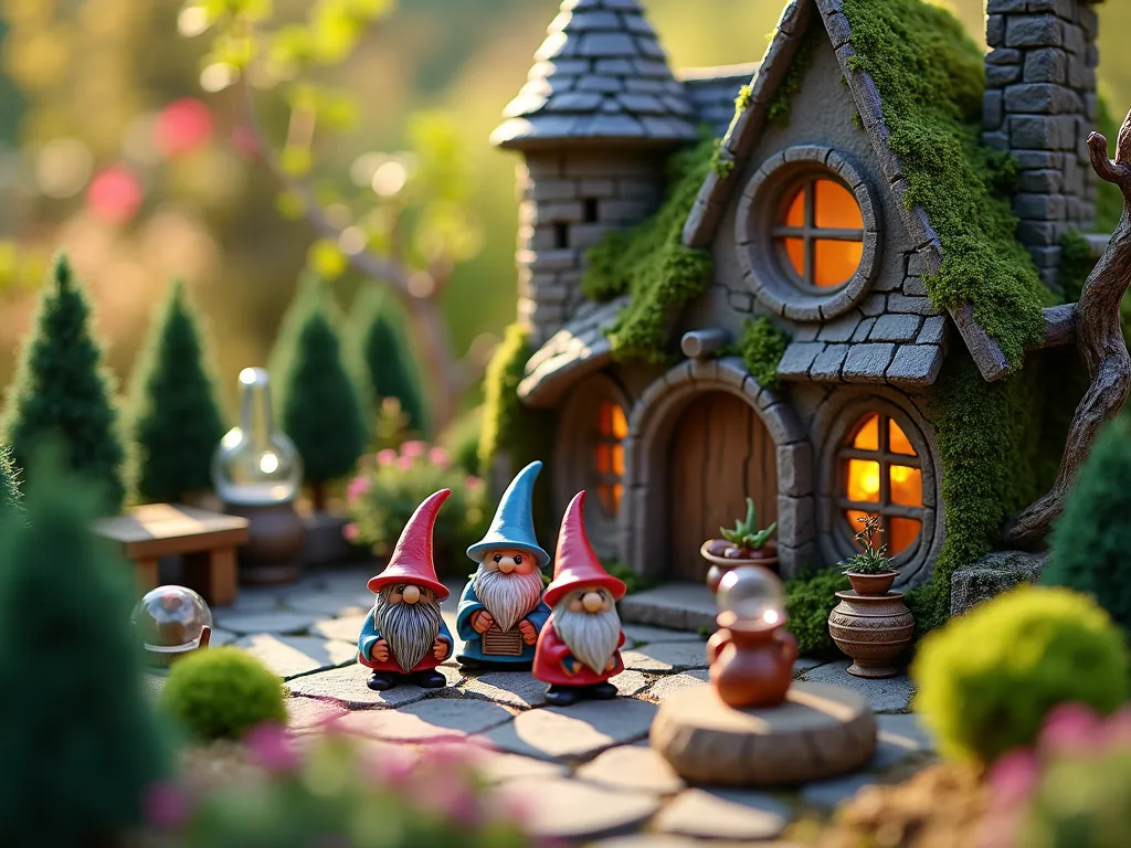 Magical Gnome School Garden Diorama - A whimsical garden diorama featuring a miniature wizard school made from weathered stone and twisting branches, photographed during golden hour. The scene shows ceramic gnome students in pointed hats gathering around a teacher gnome in the courtyard, surrounded by tiny potted magical herbs. The school building features moss-covered turrets, fairy light-illuminated windows, and climbing ivy. In the foreground, detailed miniature accessories including spell books, brass cauldrons, and crystal balls are arranged on tiny wooden tables. The background showcases a manicured garden with dwarf evergreens and flowering perennials creating a natural backdrop. Captured with a DSLR camera at f/8, the image has a shallow depth of field that emphasizes the intricate details while maintaining the magical atmosphere with natural, warm lighting filtering through the scene.