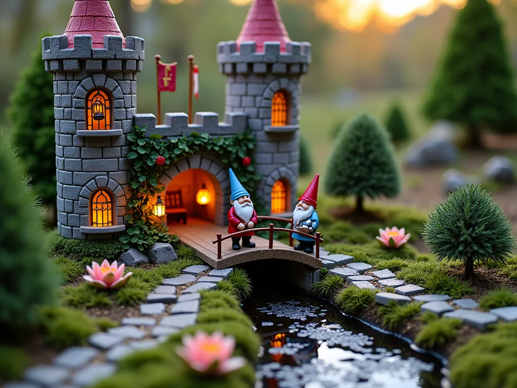 Enchanted Medieval Gnome Castle Garden - A whimsical garden scene at dusk featuring a meticulously crafted miniature medieval castle made of weathered stone and moss, perfectly scaled for garden gnomes. The castle sits on a raised garden bed surrounded by dwarf evergreens and creeping thyme. Royal gnomes in velvet robes and knight gnomes in silver armor stand guard at a working wooden drawbridge spanning a tiny stream lined with miniature water lilies. The castle features multiple towers with tiny flickering lanterns, complete with hand-painted stained glass windows and fluttering medieval banners in rich burgundy and gold. Climbing roses and ivy gracefully adorn the castle walls, while a cobblestone pathway leads through a miniature courtyard filled with tiny garden furniture and training weapons for the knight gnomes. The scene is captured in a wide-angle shot with soft, golden hour lighting casting long shadows across the magical display, creating a truly enchanted atmosphere in this corner of the garden.