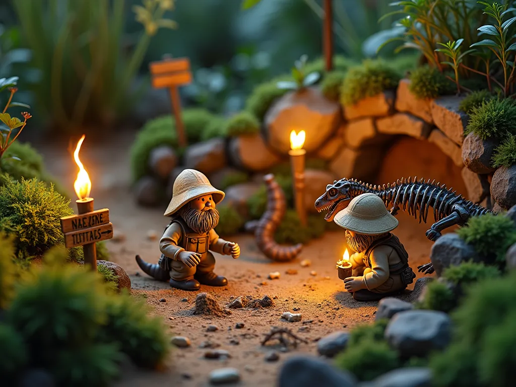 Prehistoric Garden Gnome Expedition - A whimsical garden diorama at dusk featuring explorer gnomes in khaki outfits and pith helmets carefully excavating miniature dinosaur fossils in a naturally terraced garden setting. Small tiki torches illuminate the scene, casting warm light on handcrafted miniature archaeological dig sites surrounded by prehistoric-looking plants like ferns, cycads, and horsetails. A detailed T-Rex skeleton emerges from a moss-covered rock wall while tiny gnome tents and research equipment dot the landscape. Miniature wooden signs with arrows point to different dig sites, and a central display features collected specimens under a tiny protective glass dome. The scene is photographed from a three-quarter elevated angle to capture both the detail and scope of the prehistoric garden adventure.