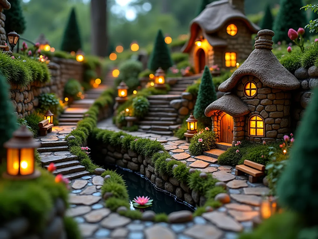 Enchanted Terraced Gnome Village at Twilight - A magical terraced garden gnome village photographed at twilight with warm lantern lighting, shot at f/2.8 with a 16-35mm wide-angle lens. Multiple miniature stone retaining walls create three distinct levels in the garden, each featuring moss-covered surfaces and tiny thatched cottages. Delicate fairy lights illuminate handcrafted wooden staircases and cobblestone ramps that connect the levels. The lowest tier showcases a small pond with water lilies, while the middle level features a tiny village square with miniature benches and a working water wheel. The top tier displays a quaint gnome cottage with a mushroom-shaped roof surrounded by dwarf conifers and miniature roses. Creeping thyme cascades over the stone walls, while small-leaved ivy creates natural archways over the connecting pathways. The scene is enhanced by the soft glow of tiny lanterns and the natural bokeh effect of the low-light photography.