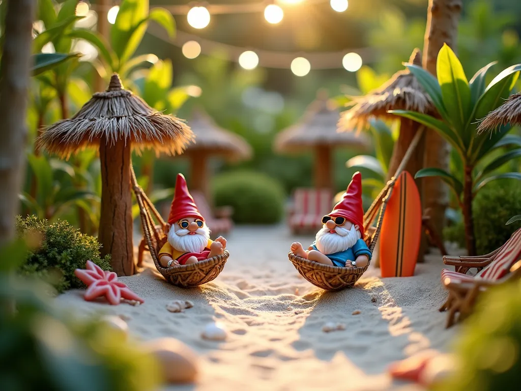 Tropical Gnome Beach Paradise - A charming miniature beach paradise nestled in a sunny garden corner, captured in golden hour lighting with a DSLR wide-angle lens at f/8. Tiny vacation-dressed garden gnomes lounging in handcrafted miniature hammocks strung between small palm trees. Intricate details show a meticulously crafted beach scene with white sand paths, seashell borders, and miniature beach chairs made from natural materials. Vibrant tropical plants including dwarf palm trees, mini bird of paradise, and colorful bromeliads create a lush backdrop. String lights draped overhead cast a warm glow on the whimsical scene. Small tiki huts crafted from natural materials house gnomes wearing Hawaiian shirts and sunglasses. Miniature surfboards lean against tiny beach cabanas, while scattered seashells and starfish add authentic coastal touches. The scene is photographed from a low angle to emphasize the magical scale, with a shallow depth of field highlighting the intricate details.