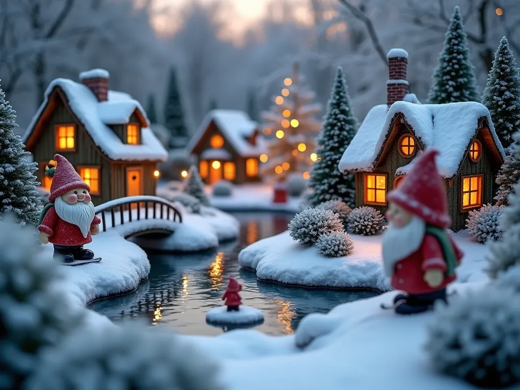 Enchanted Winter Gnome Village - A magical winter wonderland garden scene at dusk, shot with a 16-35mm lens at f/2.8, ISO 400. In the foreground, whimsical ceramic gnomes wearing tiny scarves and ski gear glide down miniature snow-covered slopes. The scene is set among frost-covered dwarf evergreens and white flowering hellebores. A charming collection of tiny illuminated cottages with snow-dusted roofs nestles among the plants, their windows casting a warm golden glow. A miniature frozen pond reflects the twilight sky, where tiny gnome figures appear to be ice skating. White-flowering dusty miller and silver artemisia create a frosty backdrop, while delicate fairy lights twinkle throughout the scene. Small bridges covered in artificial snow connect different areas of the village, with pinecones and holly berries adding natural winter accents.