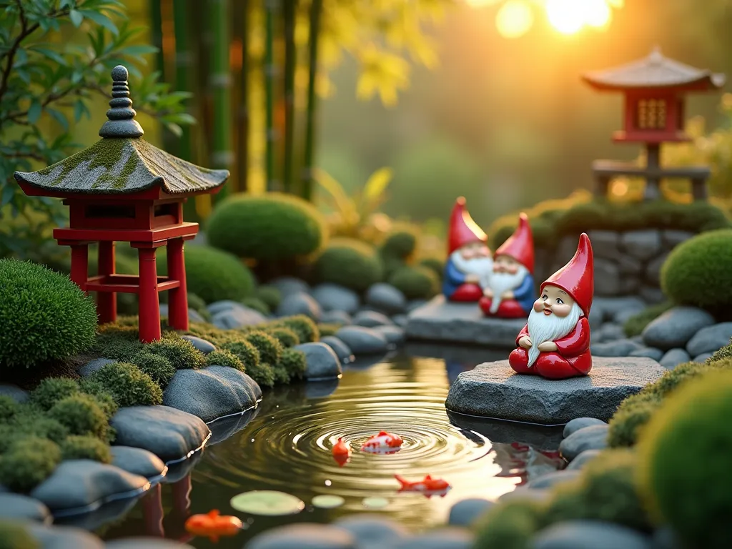 Zen Garden Gnome Sanctuary - A serene Japanese-inspired garden scene at golden hour, photographed with a wide-angle lens capturing a miniature zen landscape. In the foreground, ceramic gnomes in meditation poses sit peacefully on tiny tatami mats beside a meticulously raked mini rock garden with concentric circles. A small bamboo water fountain trickles into a crystal-clear koi pond where miniature koi fish swim beneath lily pads. A red-painted wooden pagoda stands among dwarf Japanese maples and carefully trimmed bonsai trees. Stone lanterns emit a soft glow, creating magical shadows across the moss-covered stepping stones. The scene is perfectly composed with the setting sun casting warm light through the bamboo grove in the background, highlighting the peaceful expression on the gnomes' faces. Shot at f/8 for exceptional detail and depth, capturing the intricate textures of the moss, stones, and bamboo with professional DSLR clarity.