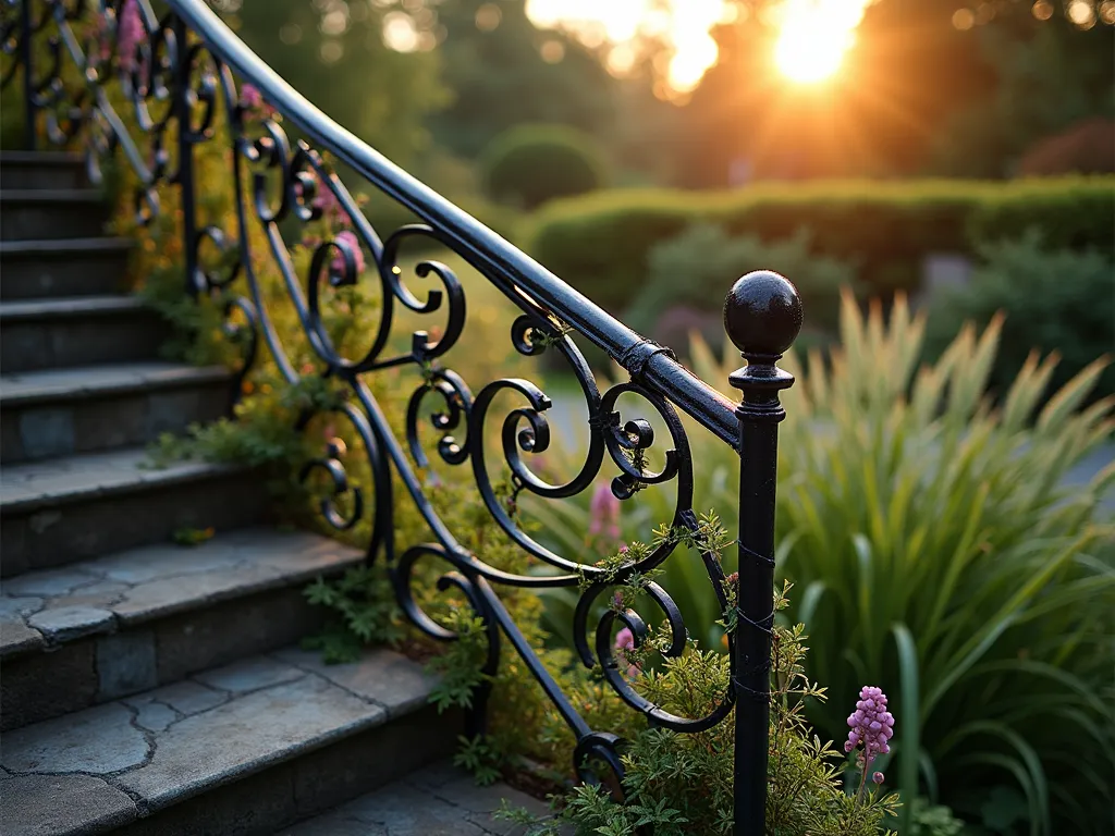 Art Nouveau Garden Railing at Twilight - A close-up photographic capture of an elegant Art Nouveau-inspired metal garden railing at twilight, featuring intricate wrought iron curves reminiscent of unfurling ferns and flowing vines. The ornate metalwork displays sinuous, organic patterns with delicate tendrils and naturalistic flourishes, photographed using a 16-35mm lens at f/2.8, ISO 400. The railing gracefully follows curved stone steps leading to a lush garden terrace, with climbing wisteria intertwining through the metalwork. Soft golden evening light catches the detailed metalwork, creating dramatic shadows that emphasize the flowing design. The background shows a blurred garden setting with mature Japanese maples and ornamental grasses, their silhouettes complementing the artistic railings.