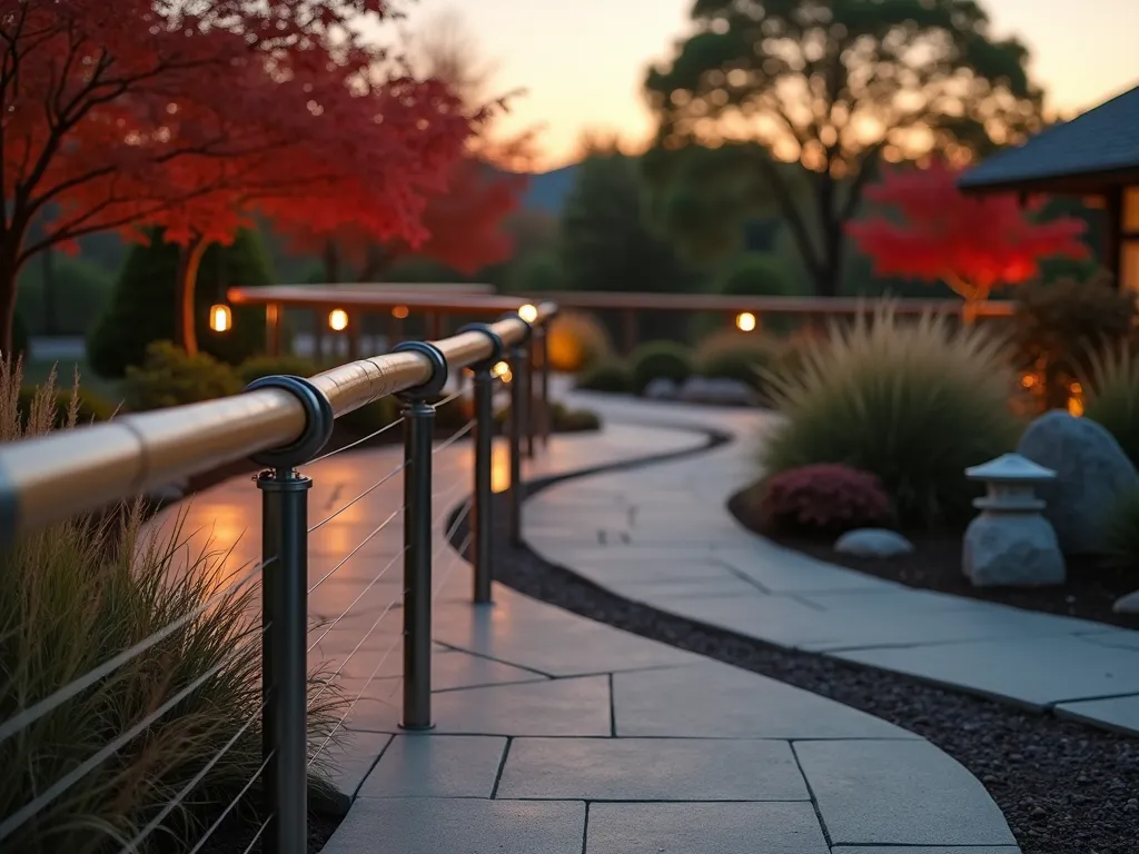 Modern Zen Garden Bamboo Steel Handrail - A stunning dusk photograph of a modern zen garden featuring an elegant handrail design that seamlessly fuses brushed stainless steel posts with horizontal bamboo rails. The handrail follows a curved stone pathway leading to a wooden deck, captured at f/2.8 with warm sunset lighting. Japanese maple trees and ornamental grasses create a soft backdrop, while strategic landscape lighting begins to illuminate the path. The close-up perspective highlights the textural contrast between the smooth steel and natural bamboo grain, with shallow depth of field creating a dreamy bokeh effect. Stone lanterns and a small water feature add authentic Asian garden elements in the background.