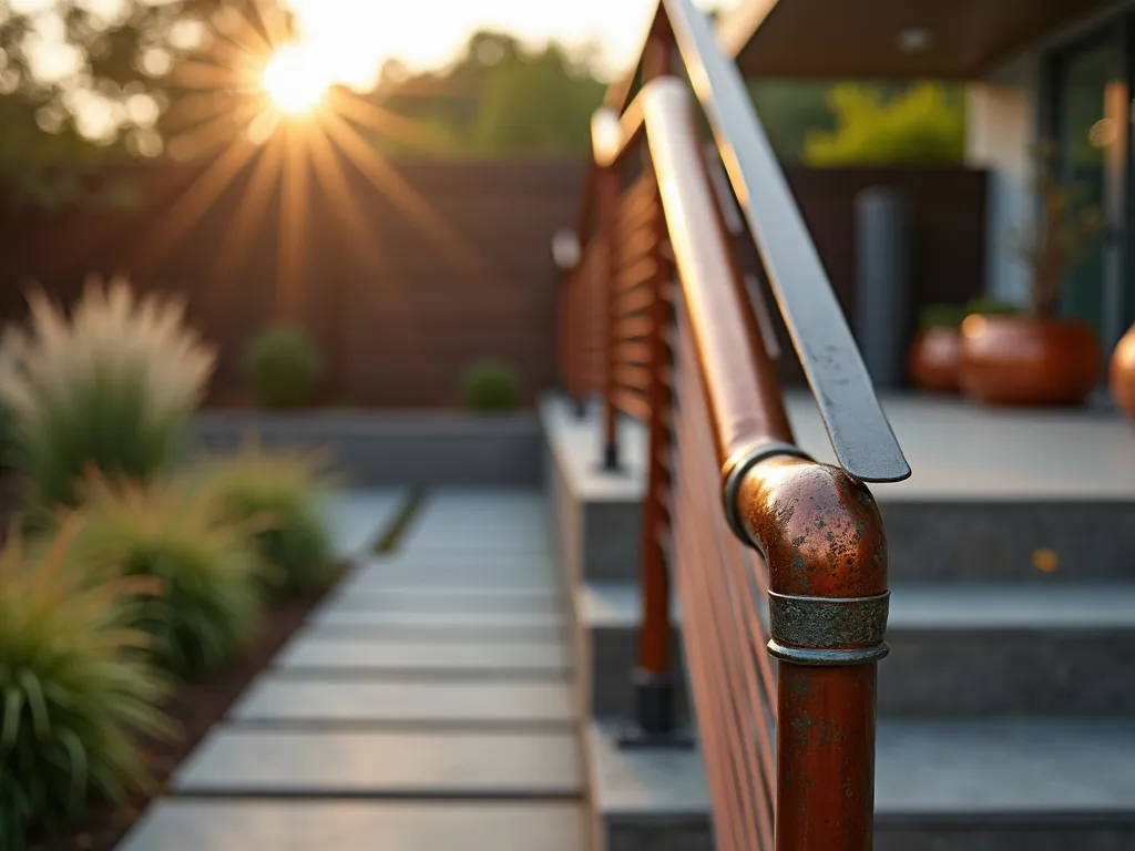 Elegant Copper Pipe Garden Railing at Dusk - A close-up photograph of a modern garden stairway featuring polished copper pipe railings with a subtle patina, captured during golden hour. The industrial-style handrail seamlessly integrates with a concrete staircase leading to a contemporary deck. Soft evening light reflects off the warm metallic surface, highlighting the natural verdigris developing at the joints. Modern landscaping with ornamental grasses and copper planters complement the design. Shot with shallow depth of field focusing on the detailed craftsmanship of the pipe connections, with a blurred background showing a well-maintained garden. The composition emphasizes the intersection of industrial design and natural elements, photographed with dramatic side lighting to accentuate the copper's rich texture.