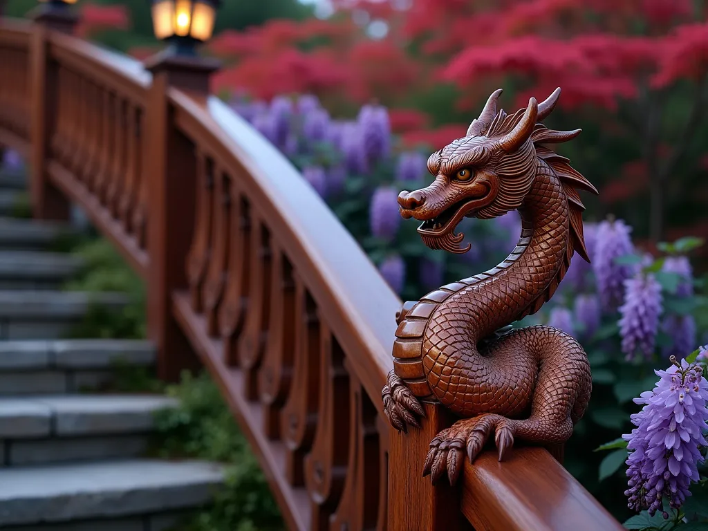 Dragon-Carved Garden Stair Handrail - A close-up shot of an intricately carved wooden handrail at dusk, featuring a majestic Asian dragon design flowing organically along the curved railing. The dragon's scales are meticulously detailed, with its serpentine body wrapping around the rich mahogany banister. Soft garden lights illuminate the carved masterpiece, casting dramatic shadows that bring the dragon to life. Japanese maple trees with deep red foliage frame the background, while stone steps beneath are bordered by blooming purple wisteria. The carved dragon appears to be guarding the garden path, its head raised proudly with pearl-like eyes that seem to gleam in the evening light.