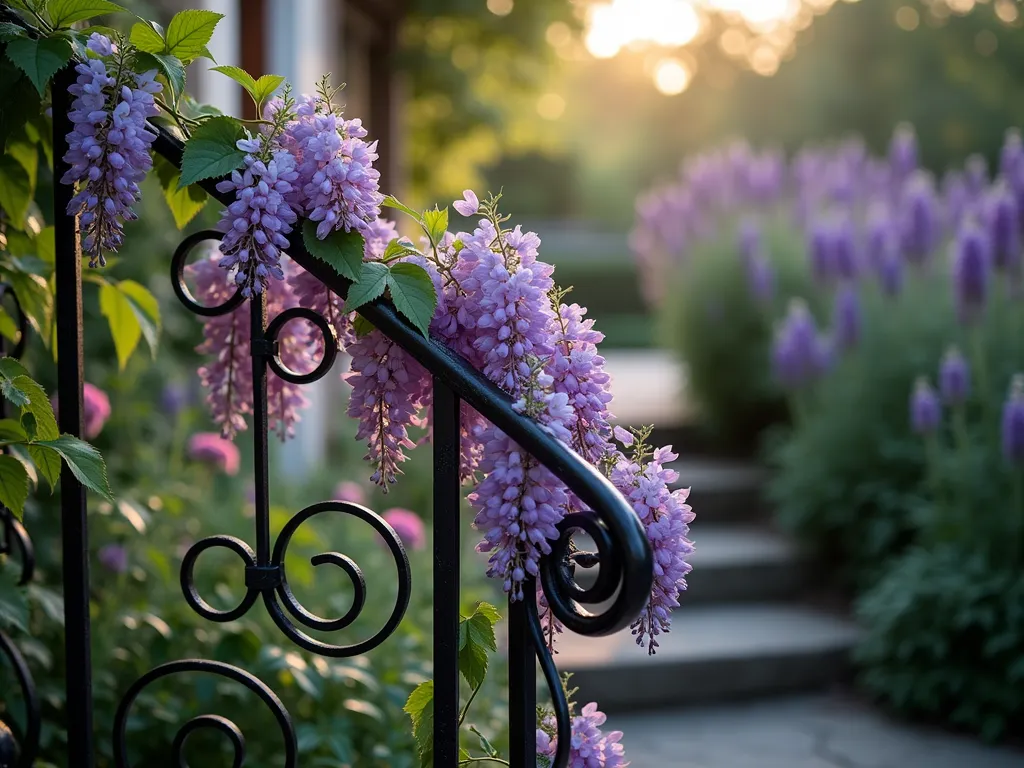 Living Vine Support Rail in Twilight Garden - A stunning close-up photograph of an elegant curved metal handrail system in a twilight garden setting, partially covered in blooming wisteria vines with cascading purple flowers. The black wrought iron framework features artistic spiral designs, serving both as a safety rail and plant support along stone garden steps. Soft evening light filters through the foliage, creating dappled shadows on the natural stone steps below. The background shows a blurred cottage garden with lavender bushes and roses. Shot with shallow depth of field focusing on the vine-wrapped handrail, capturing the magical interplay between architectural structure and natural growth. Dew drops glisten on the leaves, adding sparkle to the scene.