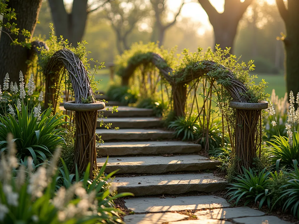 Living Willow Garden Handrail at Sunset - A stunning garden pathway with intricately woven living willow branches forming an elegant natural handrail, captured at golden hour. The willow stems are expertly trained and intertwined to create a flowing, organic railing along stone steps. Soft evening light filters through the fresh green leaves, casting delicate shadows on the natural stone pathway below. The living handrail is adorned with new spring growth and surrounded by cottage garden perennials. Shot with a wide-angle lens to showcase the complete integration of the living structure within the garden landscape, with a shallow depth of field highlighting the sculptural quality of the willow weaving. Professional DSLR photograph with perfect exposure capturing the magical interaction between natural light and living architecture.