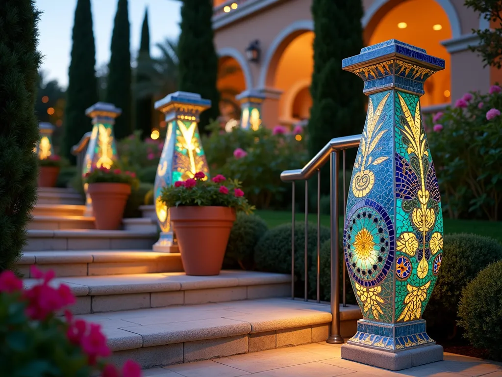 Mediterranean Mosaic Garden Steps Handrail - A close-up twilight shot of an elegant garden stairway featuring stunning mosaic-tiled handrail posts adorned with vibrant blue, turquoise, and golden glass tiles in intricate patterns. The posts support sleek brushed steel handrails, while Mediterranean cypress trees and blooming bougainvillea frame the scene. Warm landscape lighting illuminates the mosaic details, creating a magical ambiance. The artistic posts showcase swirling patterns reminiscent of Gaudi's work, with pieces of mirror reflecting the golden hour light. Terra cotta planters with cascading flowers line the natural stone steps, complementing the Mediterranean aesthetic.