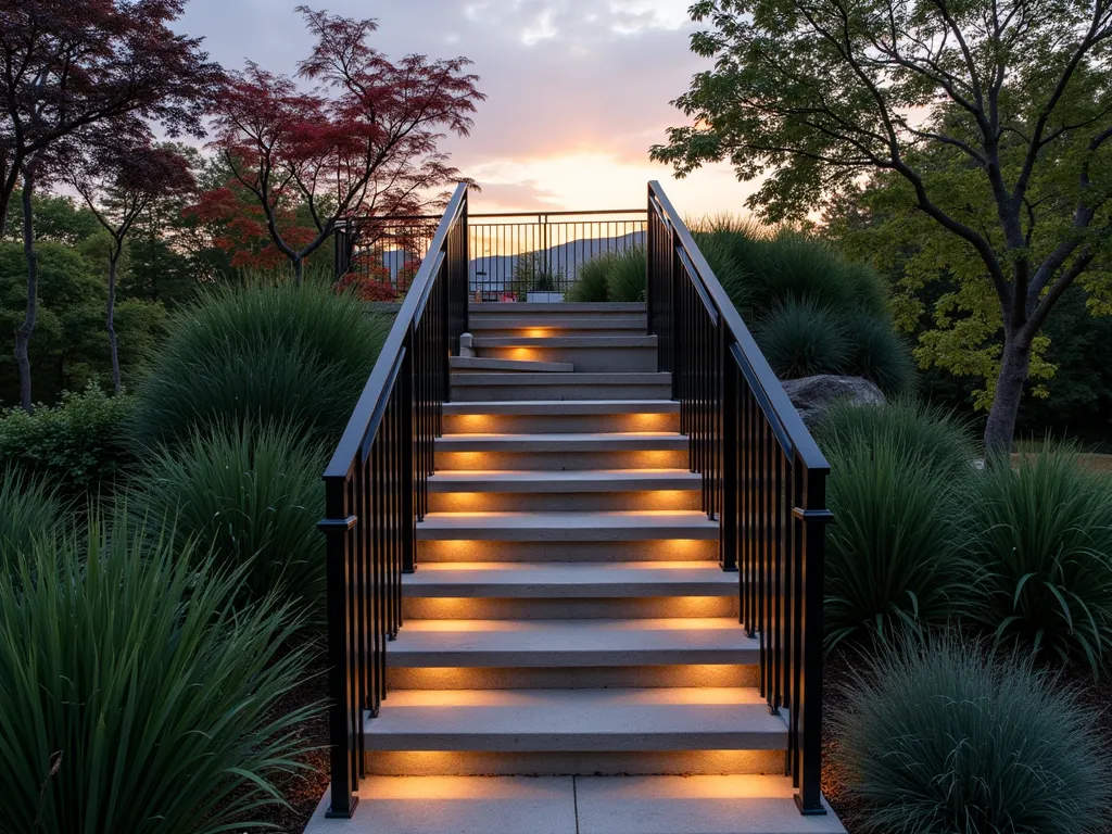 Modern Black Steel Garden Handrail - A stunning dusk photograph of a contemporary garden staircase featuring sleek black steel handrails with minimal vertical posts, shot at f/2.8. The modern railings create bold geometric lines against lush green ornamental grasses and Japanese maples. The minimalist design includes clean parallel rails mounted on concrete steps, leading through a terraced garden. Soft evening light casts long shadows across the textured concrete, while integrated LED strips beneath the handrail create a subtle glow. The wide-angle composition captures both the architectural elements and the surrounding landscape, with the black steel creating dramatic silhouettes against the warm sunset sky. Professional architectural photography at 24mm showcasing the perfect balance between form and function.