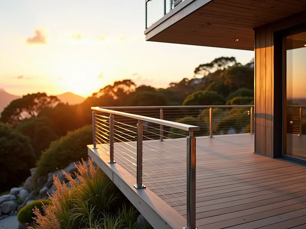 Modern Cable Wire Deck Railing at Sunset - A stunning wide-angle twilight shot of a modern elevated deck featuring sleek stainless steel posts connected by horizontal cable wire railings. The minimalist railing design frames a beautiful coastal garden backdrop with ornamental grasses swaying in the breeze. Golden hour sunlight casts long shadows across the composite decking, while the transparent cable railings allow unobstructed views of the landscaped yard below. Shot with shallow depth of field highlighting the clean lines of the contemporary railing design, captured with a 16-35mm lens at f/2.8, ISO 400, creating a dreamy bokeh effect on the background vegetation.