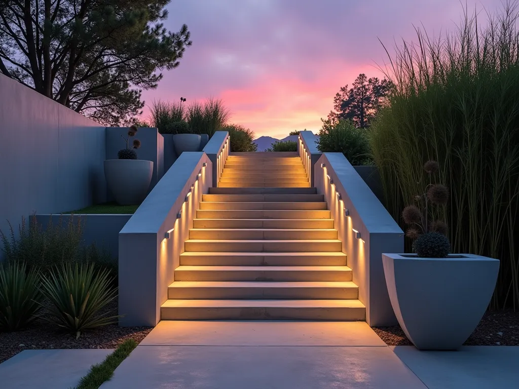 Modern Concrete Garden Stairway with Geometric Handrails - A dramatic twilight shot of a modern garden stairway featuring bold, geometric concrete handrails with clean lines and minimalist design. The angular handrails, cast in smooth light gray concrete, create strong diagonal lines against the evening sky. Wide concrete steps are illuminated by subtle LED strip lighting, bordered by architectural grasses and bamboo. The composition is captured from a low angle using a 16-35mm lens at f/2.8, emphasizing the sculptural quality of the handrails against a purple-orange sunset sky. Modern steel planters with drought-resistant succulents complement the contemporary aesthetic. The entire scene showcases how functional safety elements can become striking architectural features in a minimalist landscape.