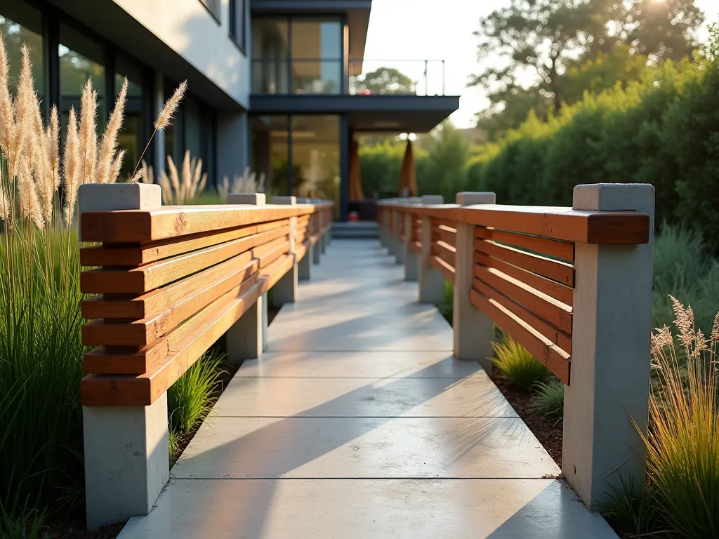 Modern Concrete and Wood Handrail Design - A stunning DSLR wide-angle shot of a modern garden pathway featuring an architectural handrail design that combines sleek concrete posts with warm teak wood rails. The minimalist concrete posts rise at regular intervals, supporting horizontal wooden rails that catch the late afternoon sunlight. The pathway is flanked by contemporary landscaping with ornamental grasses and Japanese forest grass, creating soft contrast against the structured elements. Sharp detail captures the textural interplay between the smooth concrete and wood grain. Background shows a modern house facade with large windows. The composition emphasizes the clean lines and material fusion, shot at f/8 with natural lighting highlighting the warm wood tones against the cool grey concrete.