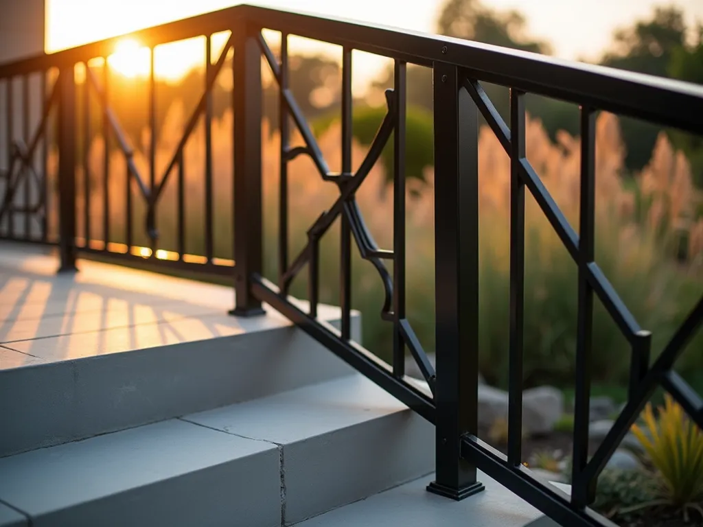 Modern Geometric Garden Handrail at Dusk - A stunning close-up photograph of a contemporary powder-coated steel handrail featuring sleek hexagonal and diamond patterns, captured during golden hour. The matte black geometric railings cast dramatic shadows on light grey stone steps leading to a modern deck. Soft-focus background shows a well-manicured garden with ornamental grasses swaying in the evening light. Shot with shallow depth of field highlighting the intricate metalwork details, while warm sunset colors reflect off the metal's smooth finish. 16-35mm lens at f/2.8, ISO 400 creates a dreamy bokeh effect.