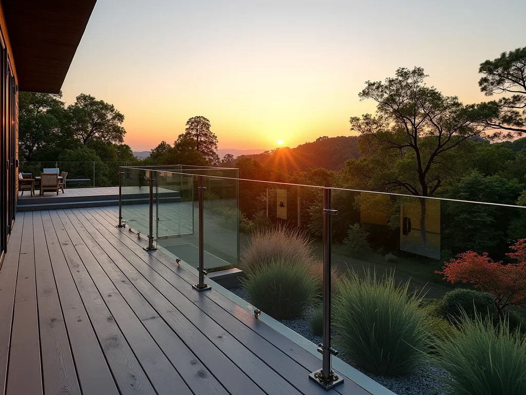 Modern Glass Panel Garden Railings at Sunset - A stunning wide-angle DSLR photograph of a contemporary elevated garden deck featuring floor-to-ceiling frameless glass panel railings, captured during golden hour sunset. The transparent barriers provide unobstructed views of a meticulously landscaped garden below, with ornamental grasses and Japanese maples swaying in the soft evening light. The deck features modern grey composite decking material, while the glass panels reflect the warm sunset hues, creating an ethereal atmosphere. Minimal steel supports hold the tempered glass panels in place, emphasizing the floating effect. Strategic LED uplighting begins to illuminate the space as day transitions to dusk, highlighting the architectural elements of the glass railings. Shot at f/8 with natural lighting, capturing both the detail of the glass installation and the expansive garden vista beyond.