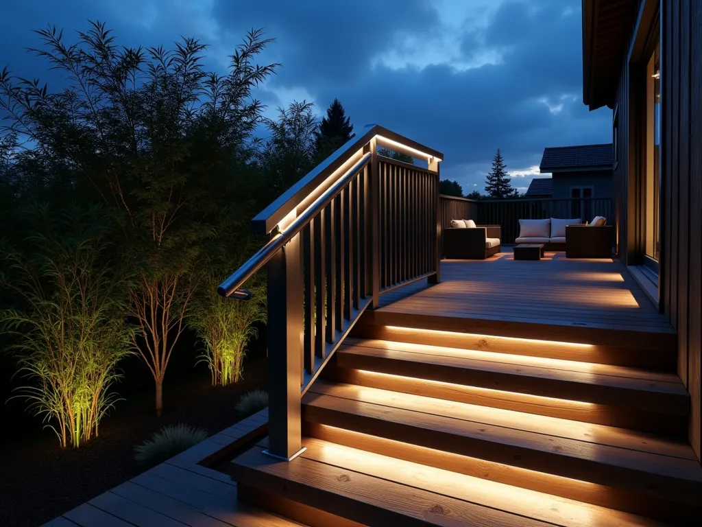 Modern LED Handrail at Dusk - A twilight scene of a contemporary deck featuring an elegant stainless steel handrail with integrated LED lighting, casting a warm white glow onto dark wooden steps. The handrail follows a curved staircase descending into a landscaped garden. The ambient lighting creates dramatic shadows and highlights architectural plants. Shot from a medium angle to showcase both the technical detail of the illuminated handrail and its impact on the surrounding space. Modern outdoor furniture silhouettes visible in the background, with subtle landscape lighting highlighting mature bamboo and ornamental grasses. Photorealistic, architectural photography style, moody evening atmosphere with deep blues and warm whites.