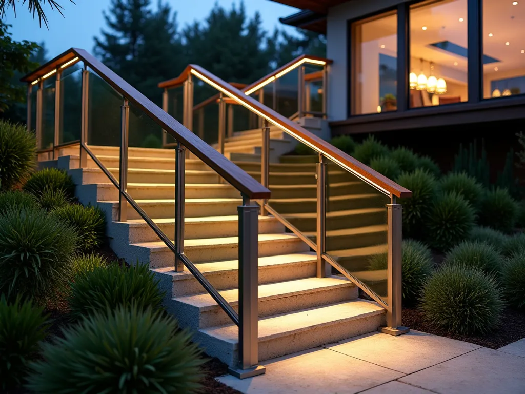 Modern Mixed Material Garden Handrail - A sophisticated garden staircase at dusk featuring a contemporary handrail design that seamlessly blends glass panels, brushed stainless steel posts, and warm teak wood top rails. The handrail follows curved stone steps leading through a terraced garden, with LED strip lighting subtly illuminating the glass panels. Architectural plants like Japanese forest grass and bamboo create dramatic shadows against the mixed materials. Shot from a low angle perspective at f/2.8, capturing the warm evening light reflecting off the glass and metal surfaces, with a beautifully blurred background of modern landscaping.