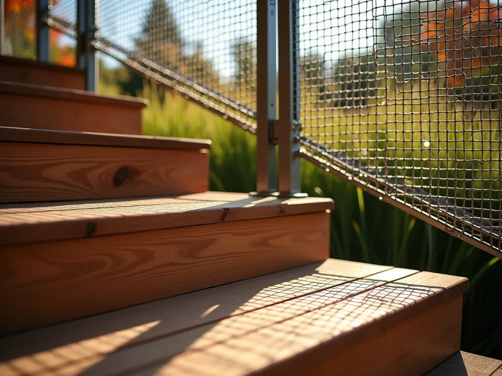 Modern Woven Metal Mesh Garden Handrail - A close-up architectural photograph of an elegant garden stairway featuring modern handrails with woven stainless steel mesh panels, captured during golden hour. The industrial-style mesh creates intricate shadow patterns on Brazilian IPE wood deck steps. The composition shows the handrail stretching diagonally across the frame, with soft-focus ornamental grasses and Japanese maples in the background. Natural sunlight filters through the mesh creating a mesmerizing geometric pattern on the steps. Shot with a shallow depth of field highlighting the metallic texture of the woven mesh against the warm wooden tones. Professional DSLR capture with perfect exposure showing the interplay of light and shadow.