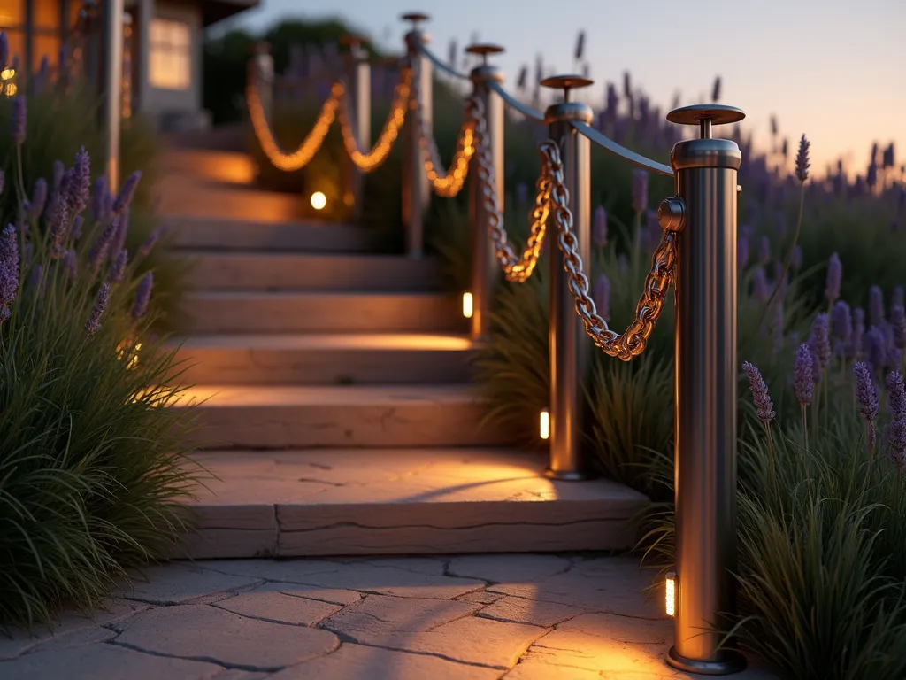 Coastal Garden Steps with Nautical Chain Handrail - A close-up shot of an elegant weathered teak garden staircase at dusk, illuminated by warm copper path lights. The handrail features polished stainless steel posts connected by thick marine-grade chain links, creating a sophisticated nautical aesthetic. Coastal grasses and lavender sway gently in the background, while the chain handrail casts intricate shadow patterns on the natural stone steps. The scene is photographed with a shallow depth of field, emphasizing the rich texture of the chain links against the soft-focused coastal garden backdrop. Shot with a digital camera, 16-35mm lens at 35mm, f/2.8, ISO 400, capturing the golden hour lighting that highlights the metallic sheen of the chains.