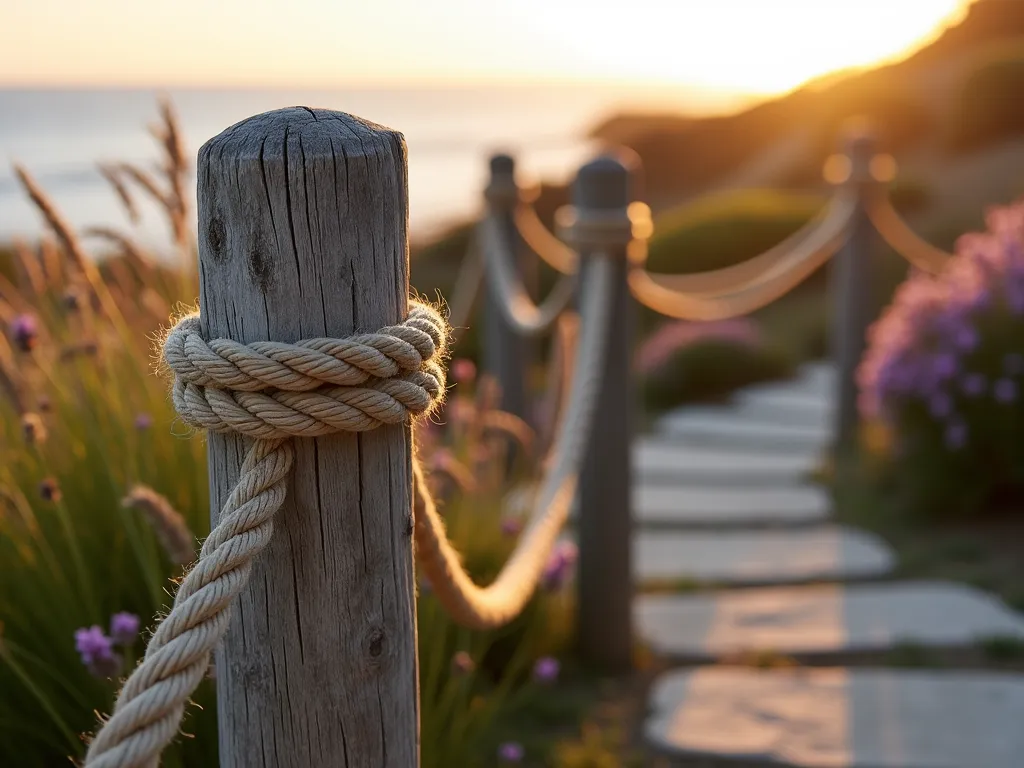 Nautical Rope Garden Handrail at Sunset - A close-up photograph of a weathered wooden post and rope handrail system in a coastal garden setting, captured during golden hour. The thick marine-grade rope, approximately 1.5 inches in diameter, weaves through three rustic cedar posts, creating an elegant yet casual safety barrier. The posts show a natural gray patina, while the rope maintains a classic tan color. Soft evening sunlight filters through coastal grasses and lavender in the background, casting long shadows across a natural stone pathway. The handrail follows gently curved garden steps, with the ocean visible in the distant background. Shot with shallow depth of field to highlight the textural details of both the rope and wood grain, while maintaining the dreamy coastal atmosphere.