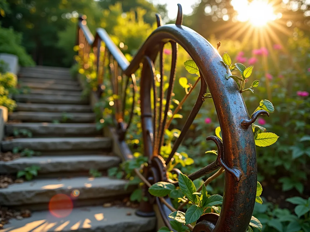 Artistic Metal Garden Handrail - Close-up shot of a unique garden stair handrail at golden hour, crafted from repurposed vintage garden tools and industrial machinery parts. The artistic railing features old wrench heads, gears, and garden fork tines welded together in a flowing design. The weathered copper and rust patina contrasts beautifully with lush climbing jasmine that's starting to wrap around the base. Stone steps in the background lead up through a terraced garden, while soft evening sunlight casts intricate shadows of the metalwork onto the natural stone. The handrail's artistic yet functional design serves as a sculptural focal point in the garden landscape.